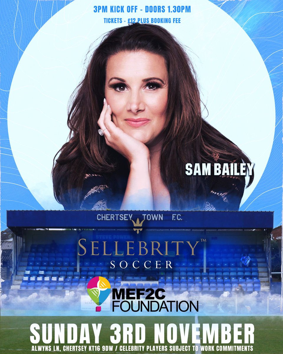 📆 SUNDAY 3RD NOVEMBER 2024
📍CHERTSEY TOWN FOOTBALL CLUB
⚽️ 3PM KO 

Book your tickets for our huge celebrity charity match at <a href="/TheCurfews/">Chertsey Town FC</a> raising funds for @mef2cfoundation   
 
Tickets on sale now sellebritysoccer.org.uk 🎫