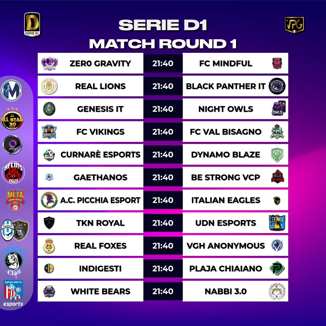 VPG Italy ๐ฎ๐น (@vpgitaly) on Twitter photo ๐บ#vpgflash
๐Accoppiamenti
Serie D1 / D2
โฝ๏ธ Giornata 0โฃ1โฃ
๐ฎ๐น Vpg Italy
Sponsor by
<a href="/DOGO_Clan/">DOGO Clan since 2009 ๐ฎ๐น</a>
<a href="/eMetaCatania/">eMeta Catania</a>
@REBORNHLSPs5
<a href="/LukeeSportsGam/">Lukรฉ eSports Gaming</a>
<a href="/MGV_ALL_STAR_30/">MGV ALL STAR</a>
<a href="/OlympicSaEsp/">Olympic Salerno eSports</a>
Graphics by
<a href="/ErQuinto5/">ErQUINTO๐ฅ</a> ๐บ#vpgflash
๐Accoppiamenti
Serie D1 / D2
โฝ๏ธ Giornata 0โฃ1โฃ
๐ฎ๐น Vpg Italy
Sponsor by
<a href="/DOGO_Clan/">DOGO Clan since 2009 ๐ฎ๐น</a>
<a href="/eMetaCatania/">eMeta Catania</a>
@REBORNHLSPs5
<a href="/LukeeSportsGam/">Lukรฉ eSports Gaming</a>
<a href="/MGV_ALL_STAR_30/">MGV ALL STAR</a>
<a href="/OlympicSaEsp/">Olympic Salerno eSports</a>
Graphics by
<a href="/ErQuinto5/">ErQUINTO๐ฅ</a>