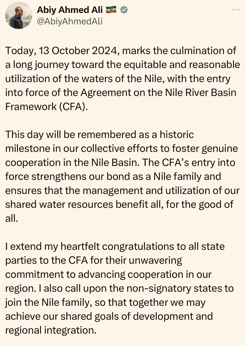 fitsumaregaa's tweet photo. The Nile River Basin Framework Agreement (#CFA) takes effect today, ensuring the equitable use of our shared resources. Congratulations to all signatory countries for their commitment to cooperation, which promotes sustainable peace &amp; development throughout the region. #Ethiopia https://t.co/OJdzFLgAk6