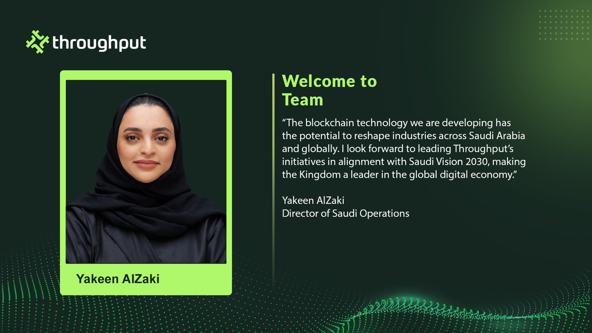 0xThroughput's tweet photo. 🚀 We're excited to welcome Yakeen AlZaki as Director of #Saudi Operations!
With 15+ years of experience, Yakeen will drive our efforts in line with #SaudiVision2030, revolutionizing blockchain in the Kingdom.🌍
#Blockchain #ThroughputNetwork #Vision2030 #DigitalTransformation https://t.co/JzxNShOd5V