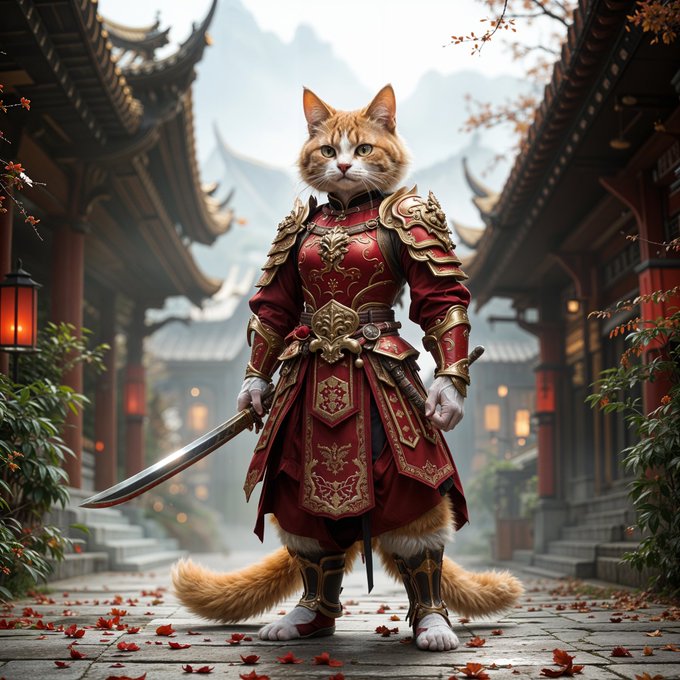 A majestic female cat, muscular build, portrayed as a noble warrior, wearing detailed red and gold armor suite, holding sword, standing upright on its hind legs, set against a serene, misty Japanese palace, with a subtle, warm dramatic lighting, rendered in stunning, photorealistic 3D