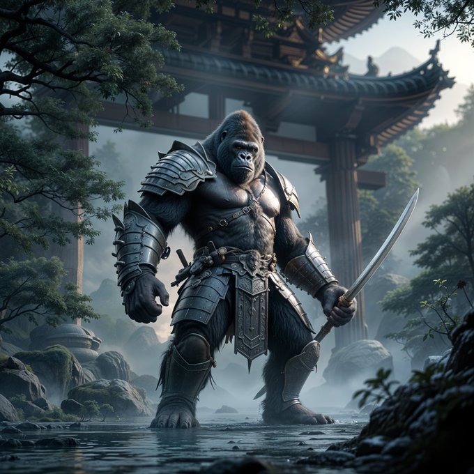 A majestic gorilla, muscular build, portrayed as a noble warrior, wearing detailed armor suite, holding sword, standing upright on its hind legs, set against a serene, misty Japanese palace, with a subtle, warm dramatic lighting, rendered in stunning, photorealistic 3D