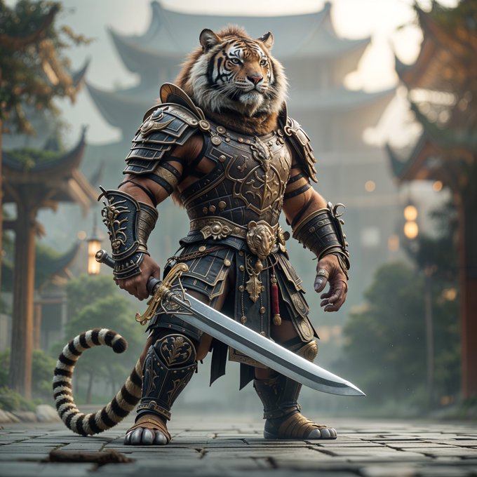 A majestic tiger, muscular build, portrayed as a noble warrior, wearing detailed armor suite, holding sword, standing upright on its hind legs, set against a serene, misty Japanese palace, with a subtle, warm dramatic lighting, rendered in stunning, photorealistic 3D