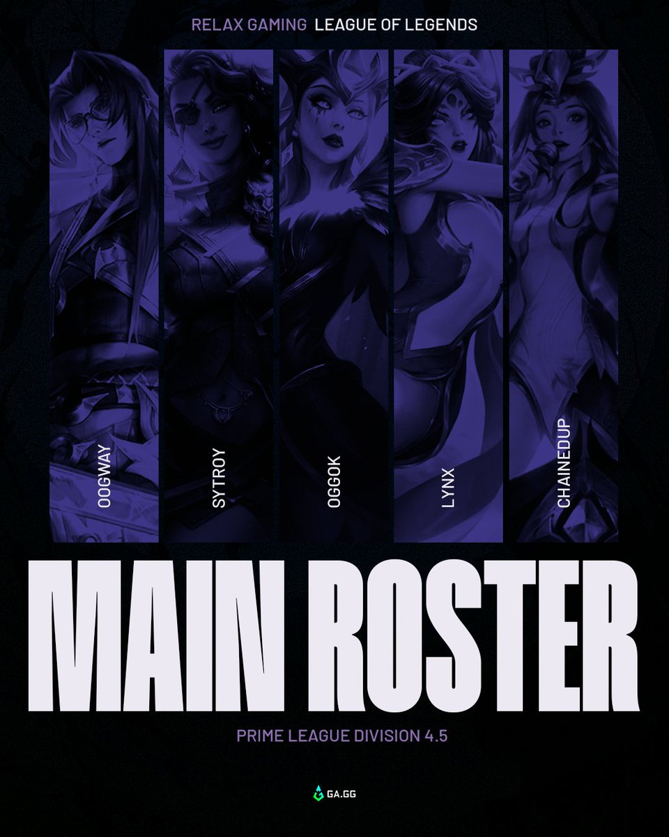 ROSTER ANNOUNCEMENT

We can finally present our #Main Roster in all its glory:

Top » <a href="/Lol_Oogway/">Oogway</a> 
Jgl » <a href="/SyTroyyy/">SyTroy</a> 
Mid » <a href="/SGE_Oggok/">SGE_Fan69</a> 
ADC » @lynx_adc 
Supp » <a href="/ChainedUp_LoL/">ChainedUp</a> 

Staff:

HC » <a href="/CurryouLol/">David</a> 
AC » <a href="/Sulto_lol/">Sulto</a>
Management » @Its_qyomi &amp; <a href="/Real_ThaZz/">ThaZz</a> 

We are burning to