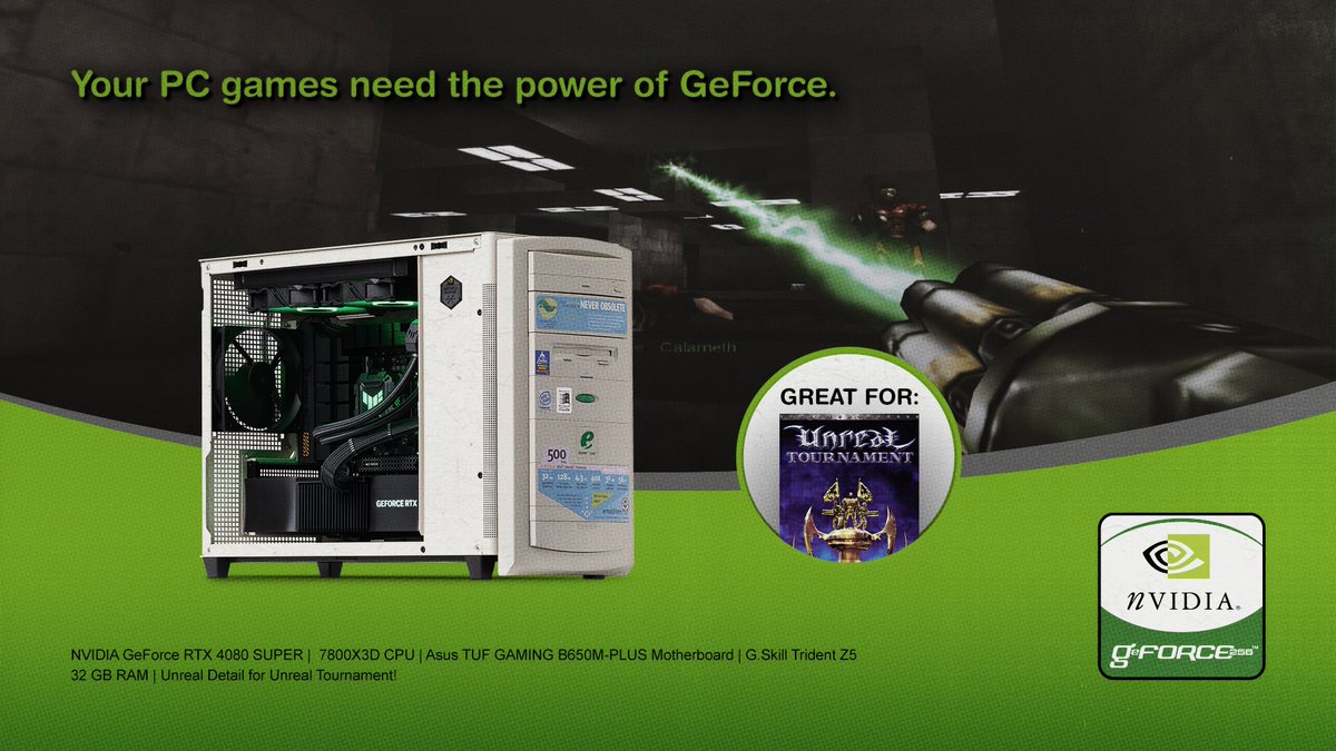NVIDIAGeForceFR's tweet image. [#GIVEAWAY] Tentez de GAGNER un PC inspiré de l&apos;ère GeForce 256: PC eMachines par @PcjunkieMods 🕹️

Découvrez cette build «NEVER OBSOLETE» équipée d&apos;une RTX 4080 SUPER, qui saura sublimer vos jeux préférés et ce...sans modem !

POUR PARTICIPER :
Likez + Commentez avec #GeForceDay