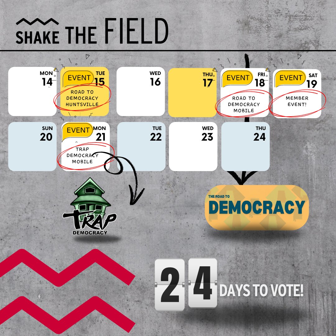 Day 24: Get Out the Vote!

We're gearing up for November 5th with events and volunteer opportunities across Alabama! 💥 Want to make an impact? Join us at one of our events, bring your friends, and be a part of something bigger.
#GetOutTheVote #ShakeTheFieldAL #AlabamaVotes