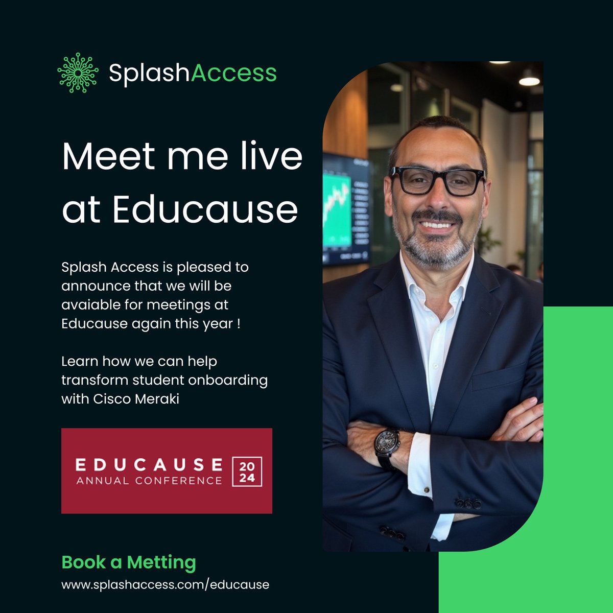 SplashAccess's tweet image. 🎉 Excited to announce that #SplashAccess will be at #Educause San Antonio from 21st Oct! Don&apos;t miss out on the chance to revolutionise your student onboarding process with Cisco Meraki. Book a meeting with us today! #EducauseSanAntonio #StudentExperience #SplashAccess…
