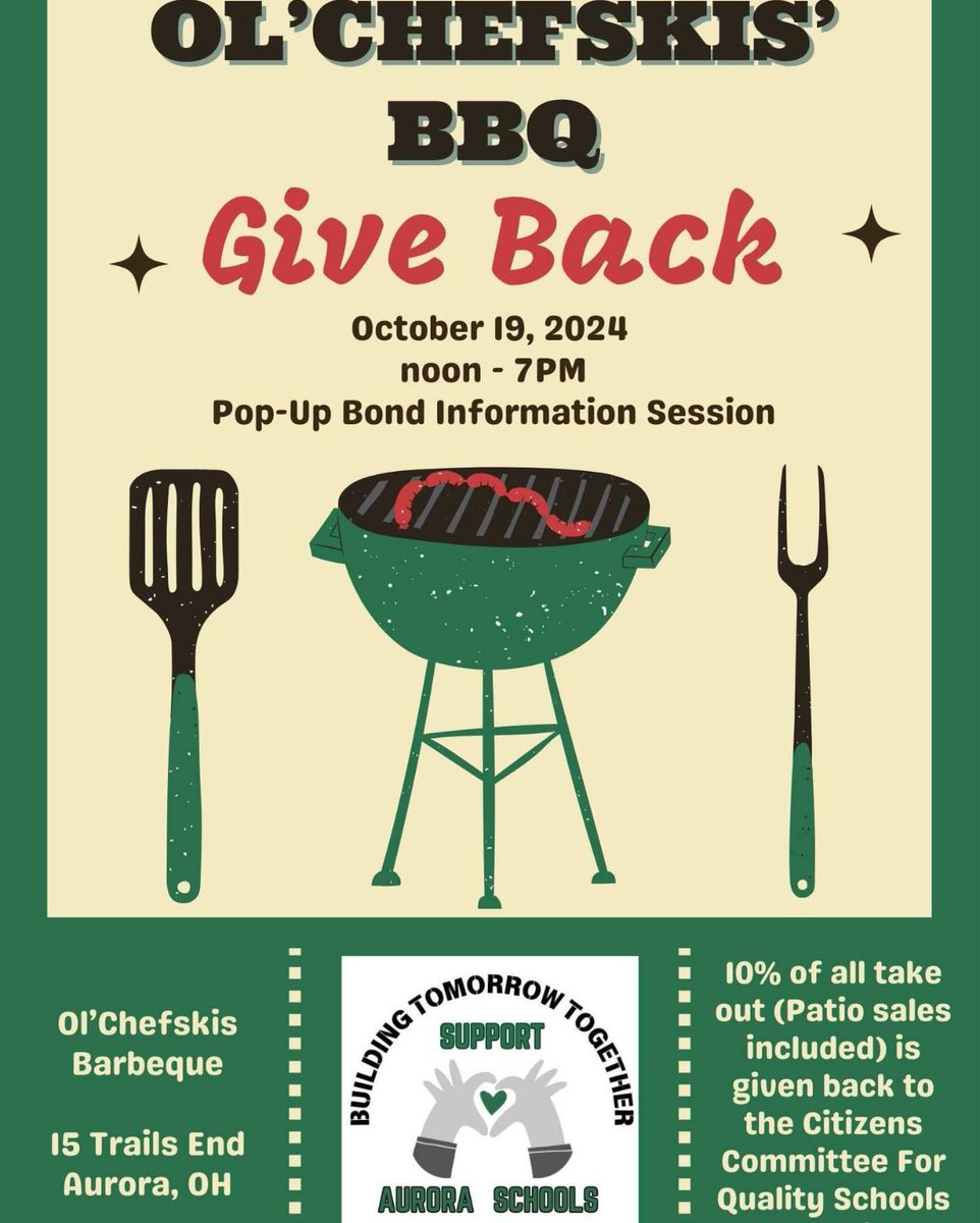 AuroraLevyInfo's tweet photo. Ol’Chefskis BBQ is giving back to the Citizens Committee for Quality Schools. CCQS will also have a pop-up information session.
#BuildingTomorrowTogether #SupportOur Schools #AuroraSchoolsRock #GreatMindsNeedGreatSpaces #ModernizeFacilitiesMaximizeFuture https://t.co/SzxyI3RlFa