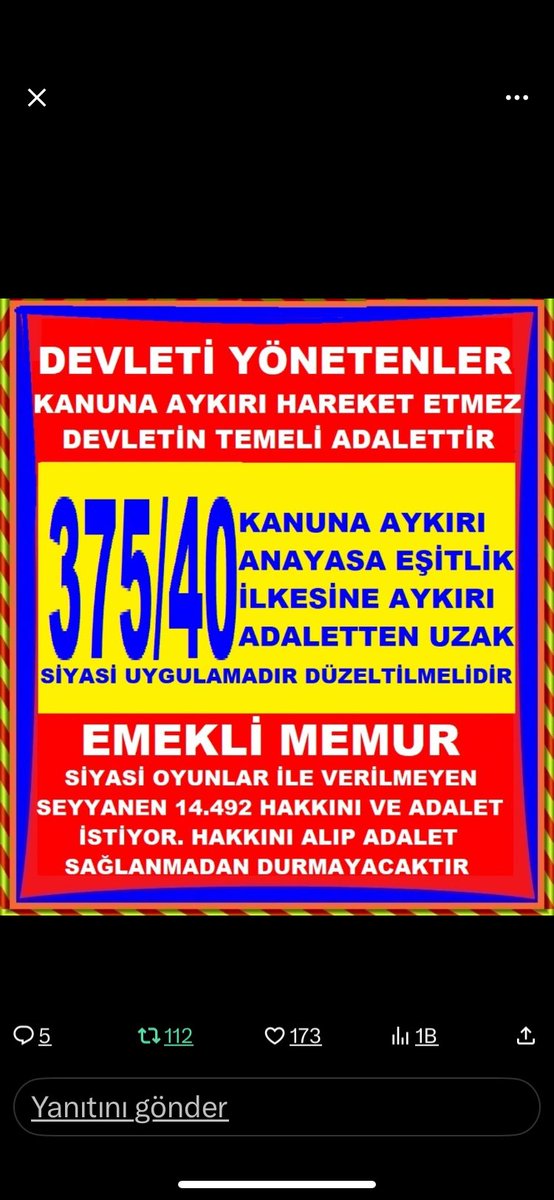 ‼️Memur emeklisinin yasal hakkı olduğu halde 375-40 ile el koyulan seyyanen ek ödemesi bugün 14,493tl oldu.
‼️Memur emekli olamıyor.
‼️Memurun görev aylığı , emekli aylığı arasındaki fark iki katı aştı
<a href="/RTErdogan/">Recep Tayyip Erdoğan</a>
<a href="/memetsimsek/">Mehmet Simsek</a>
#EmekliMemur 
#MemurEmeklisi  <a href="/Mem__Der/">Memur Emeklileri Dernegi</a>
<a href="/TC_Danistay/">Danıştay Başkanlığı</a>