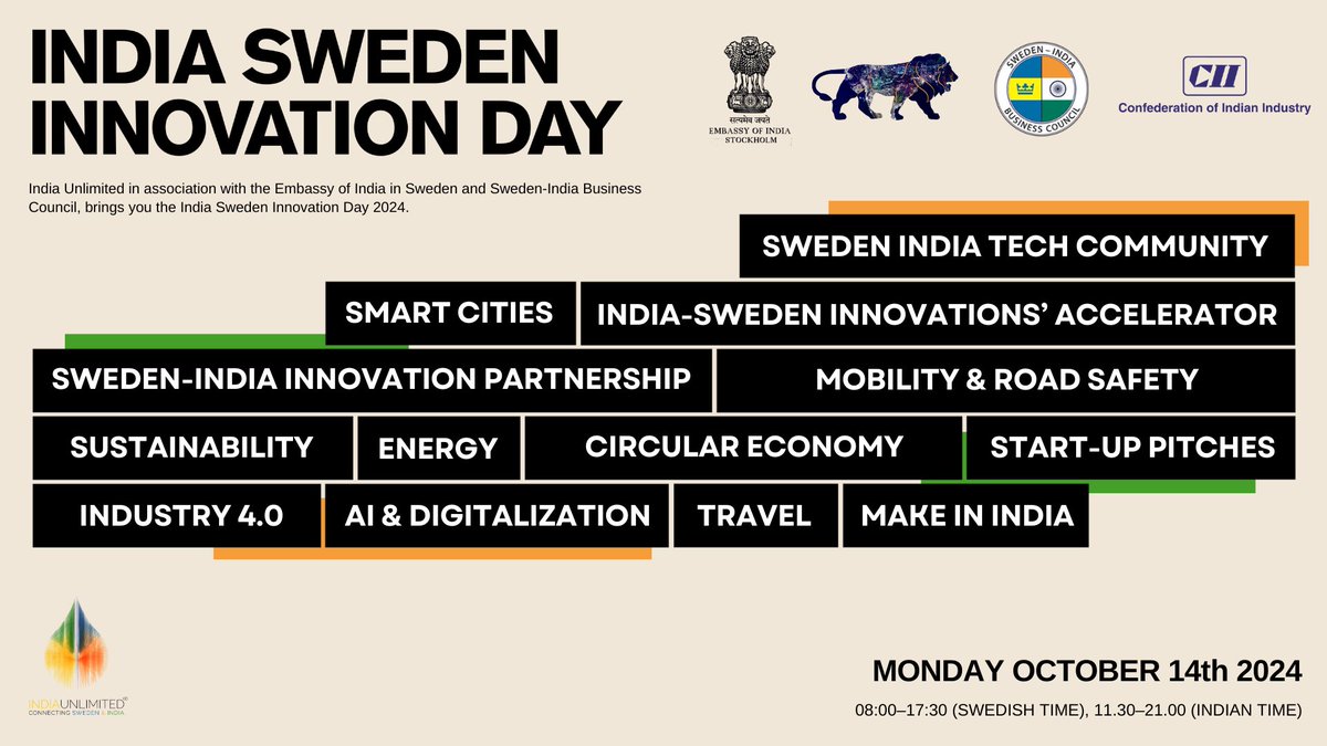 As India and Sweden are accelerating towards Green Growth

Coming up 
11th edition of India Sweden Innovation Day 
14th October 2024
🇮🇳🤝🇸🇪

Join : 
…n-innovation-day-2024.confetti.events