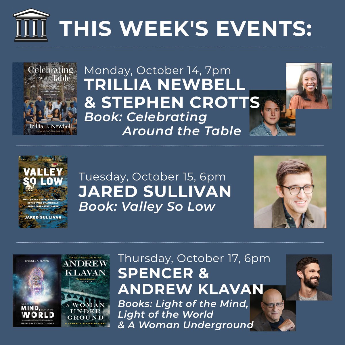 An absolutely insane week of events at Landmark Booksellers this week. Hope to see you Nashvillians there.

<a href="/trillianewbell/">Trillia Newbell</a> <a href="/stephencrotts/">Stephen Crotts</a> <a href="/SpencerKlavan/">Spencer A. Klavan</a> <a href="/andrewklavan/">Andrew Klavan</a> 

landmarkbooksellers.com