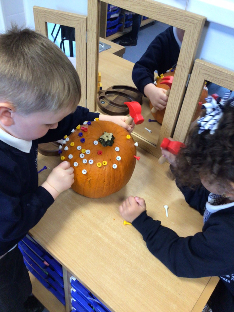 EYFSStMargaret1's tweet image. Reception have been inspired by Helen Cooper's 'Pumpkin Soup' this week. We begun the week using our fine motor skills to hammer the tees into the pumpkins. Lots of concentration and perseverance needed for this one! @HelenCooperbook #eyfs #eyfsprovision #qualitytexts