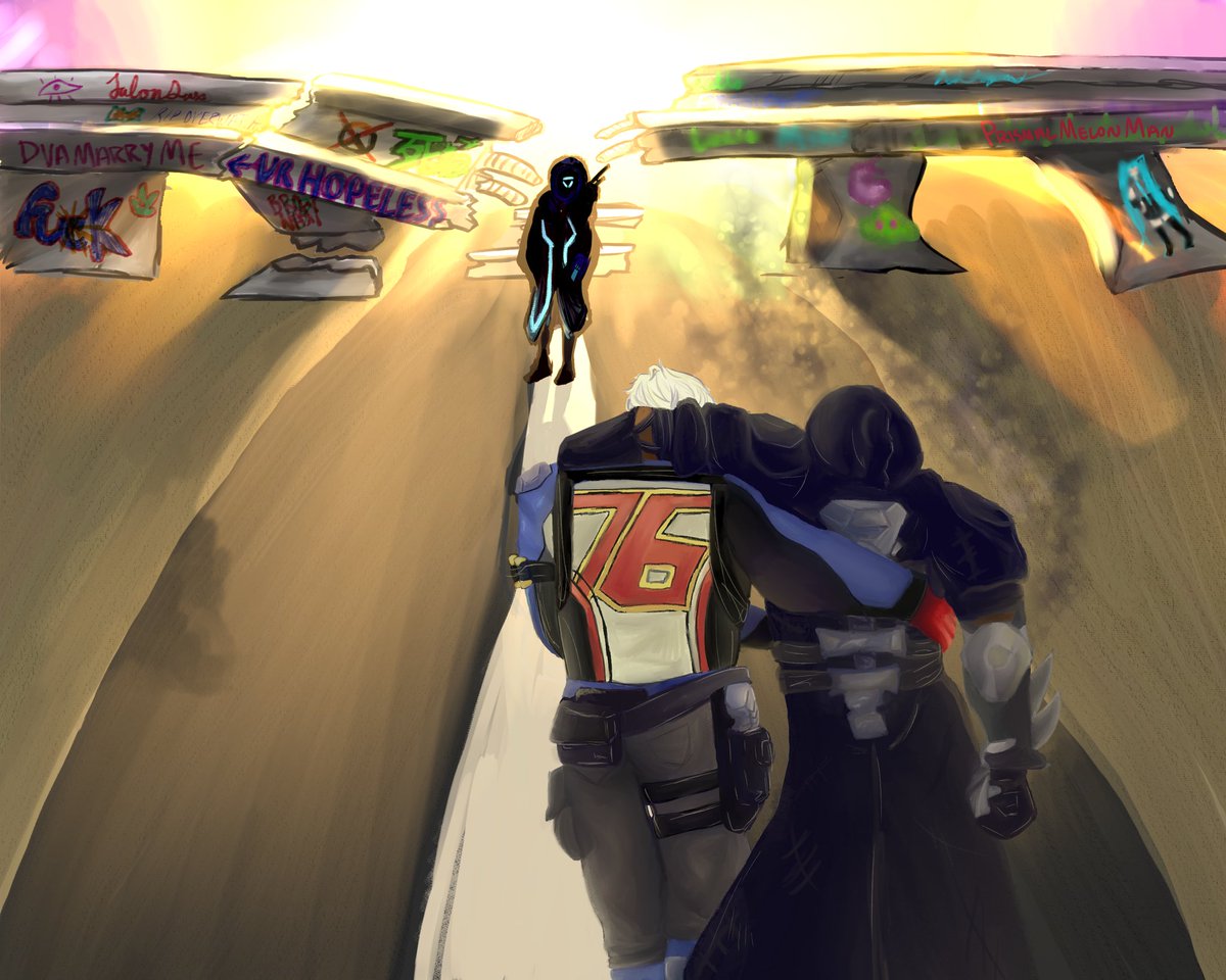 PrismalMelonMan's tweet photo. It's been enough time so here is my @owfuturezine piece! 
I love these three and their history. Jack and Gabe in an endless cat-and-mouse chase, and Ana just trying to keep her friend safe, while mourning the man her other friend used to be, yet not letting it make her falter. https://t.co/NtE6YZEqb1