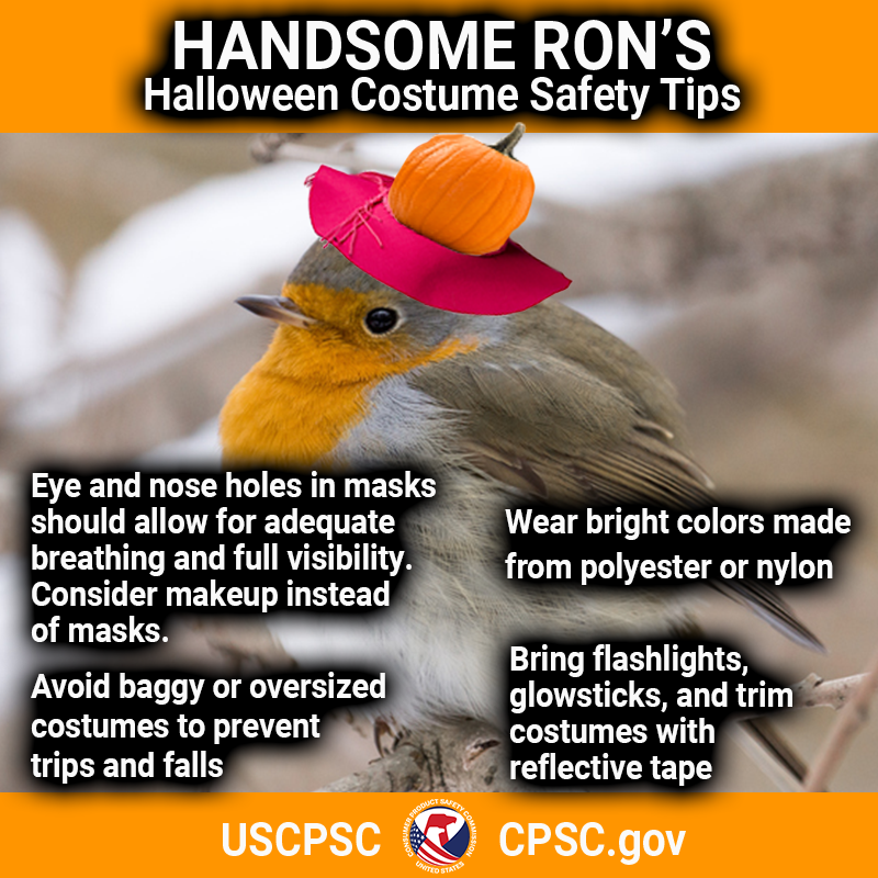 USCPSC's tweet photo. Halloween costume shopping? Here are some of Handsome Ron's best costume safety tips! https://t.co/dtkh5i4XKh