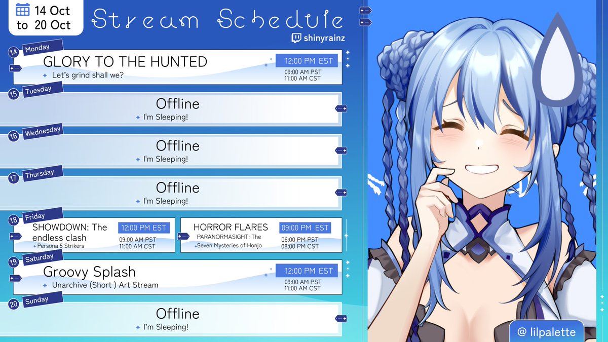 It's about that time lovelies! I'll be posting a schedule to celebrate coming back from my break. I can't wait to see you guys this week! 🌠🌟

Credits 
-------
Schedule Template: <a href="/NikkiGZ0/">Nikki GZ</a>
Art: <a href="/lilpalette_/">lilpalette | waitlist open 🌺</a> 

#VtuberEn #Streaming #ShinyLive