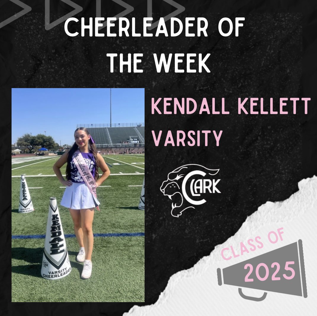 This week’s cheerleader of the week is Kendall!! Kendall is one of our 3 year varsity members and senior. She is a hard worker who exemplifies leadership and is strong in all aspects. Congratulations Kendall!!💜💜