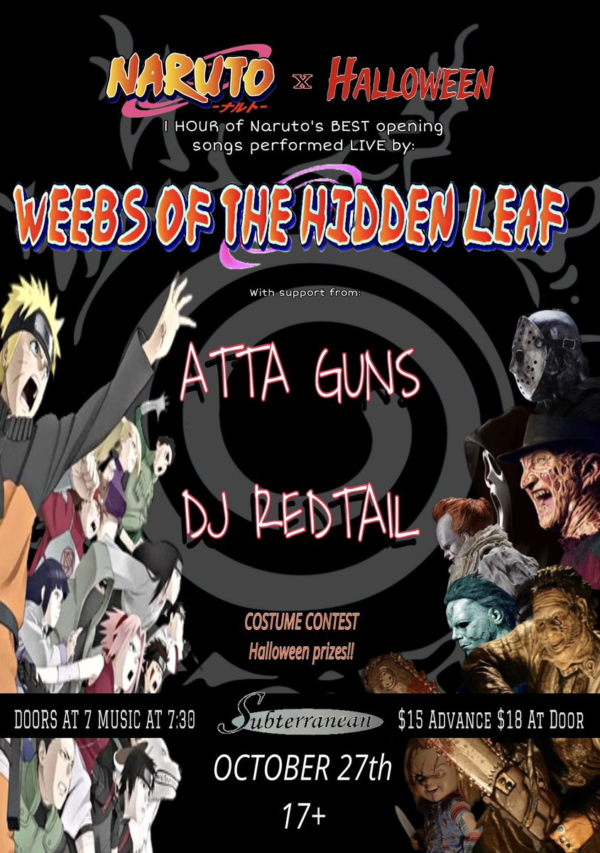 rubydrummr's tweet image. ❗️CHICAGO FRIENDS WHO FW NARUTO❗️
I’m hosting a Halloween x Naruto Night where Chicago musicians and I will be performing Naruto’s best opening songs like Bluebird, Silhouette, Fighting Dreamers, and many more! tickets below⬇️