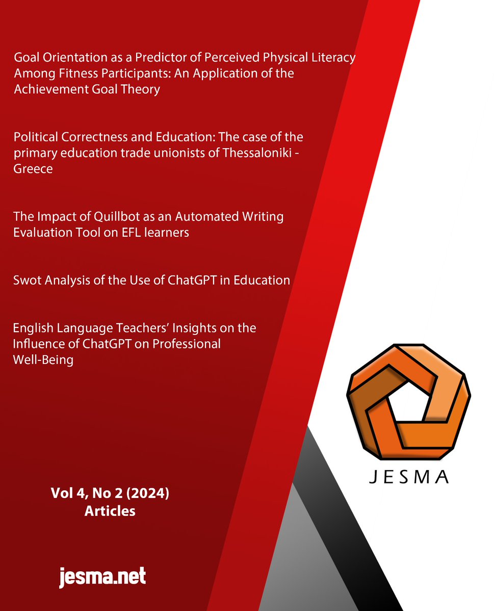 "We are thrilled to announce the publication of Vol. 4, No. 2 (2024) of JESMA Journal! Explore cutting-edge research on AI tools, education, and more. Check it out now: jesma.net/index.php/jesm…  #EducationResearch #AIInEducation #JESMA"