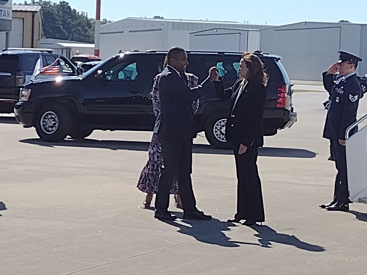 US Rep. Don Davis greets Vice President Kamala Harris at PGV prior to this afternoon's rally at Minges Coliseum.