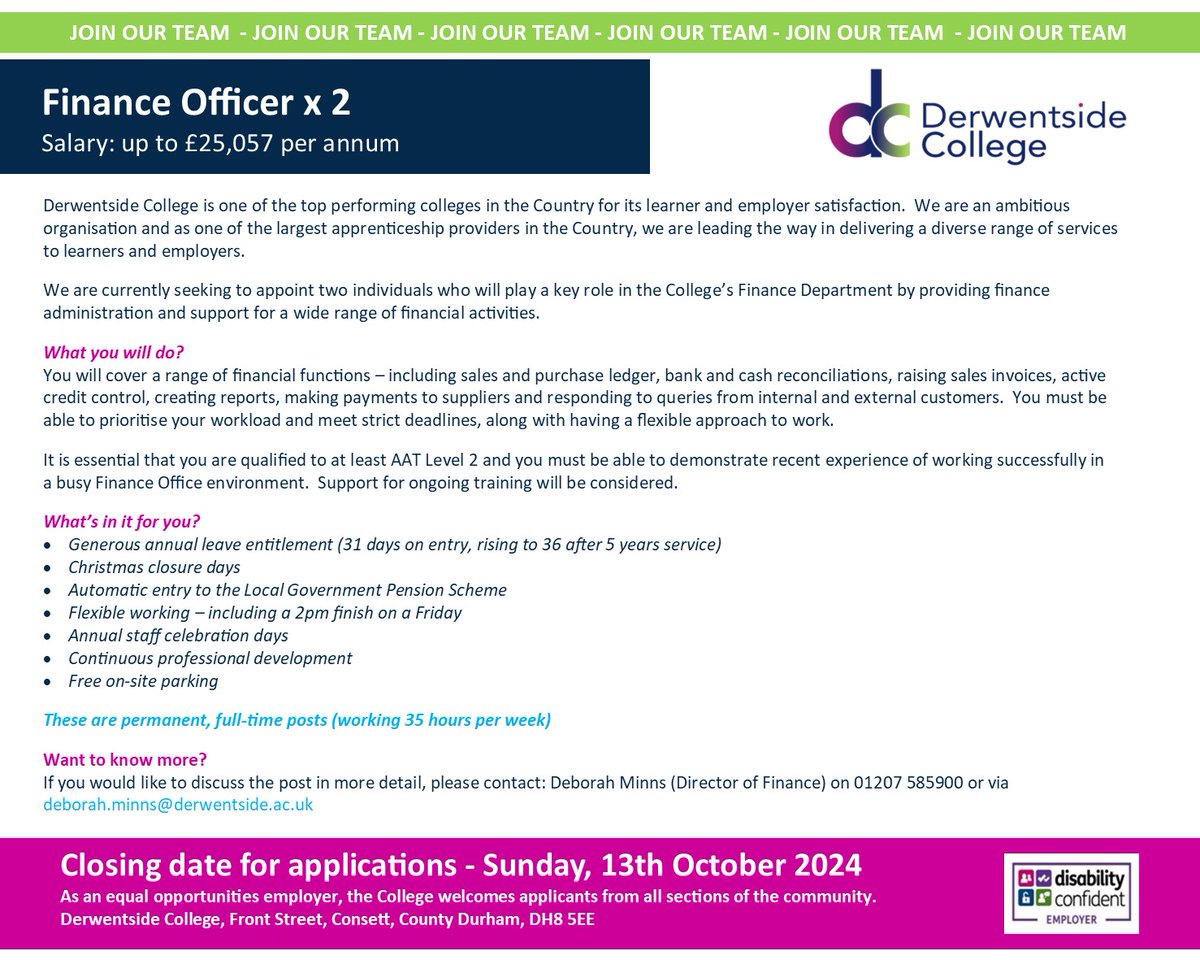 Derwentside College (@derwentsidecoll) on Twitter photo JOIN OUR TEAM
Finance Officer x 2
Salary: up to £25,057 per annum
Location: Derwentside College, Consett, County Durham
Closing Date: Today, Sunday, 13th October 2024 at midnight
Apply now: ow.ly/Trw550TqR27 JOIN OUR TEAM
Finance Officer x 2
Salary: up to £25,057 per annum
Location: Derwentside College, Consett, County Durham
Closing Date: Today, Sunday, 13th October 2024 at midnight
Apply now: ow.ly/Trw550TqR27