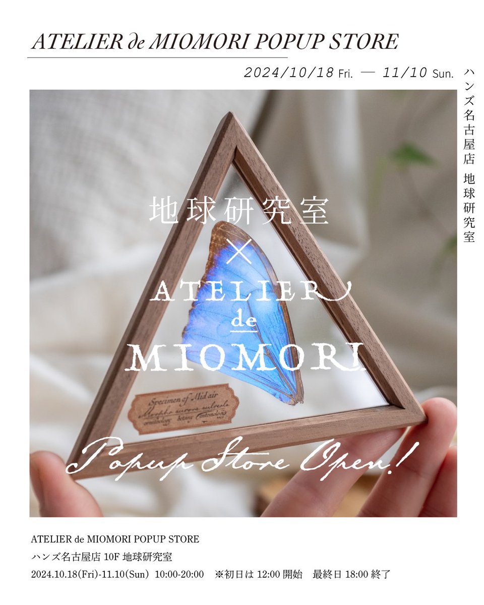 miomori_shop's tweet photo. 【お知らせ】
この秋、ハンズ名古屋店10階の「地球研究室」にて
アトリエ・ド・ミオモリのポップアップストアを開催いたします。
10月18日から11月10日の期間限定で、新作を含む約300点の作品が並びます。
この機会にぜひご来場ください🦋👏 https://t.co/nJC7PrnPaj