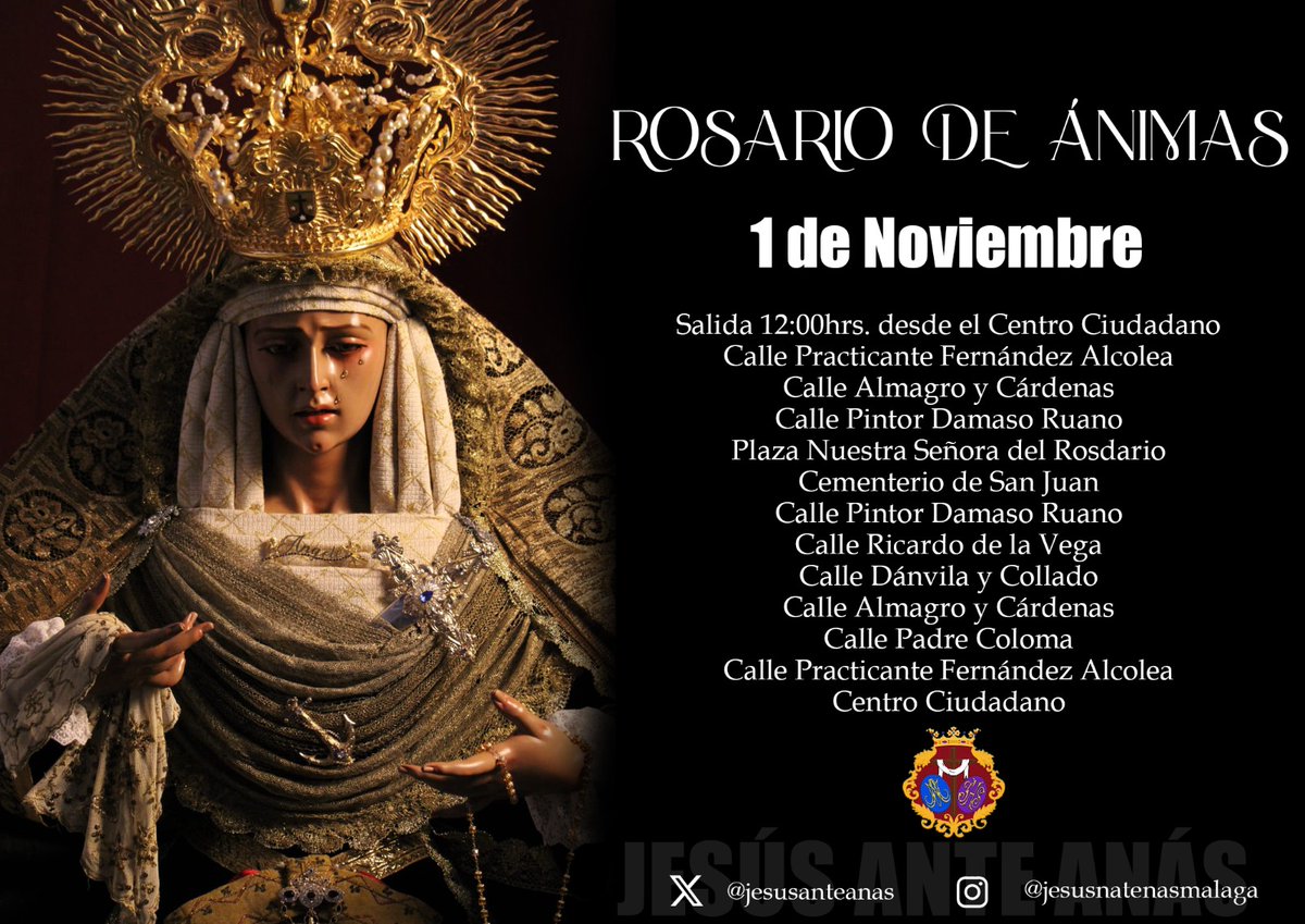zoyderpalo's tweet photo. 🕯️ Desde @jesusanteanas nos remiten información sobre el itinerario de su próximo Rosario de Ánimas, el cual llevarán a cabo el viernes 1 de noviembre, a partir de las 12:00 horas, desde el centro social ciudadano Fernández Alcolea, #ElPalo (#Distrito2MLG). https://t.co/NP66hu3Gd9