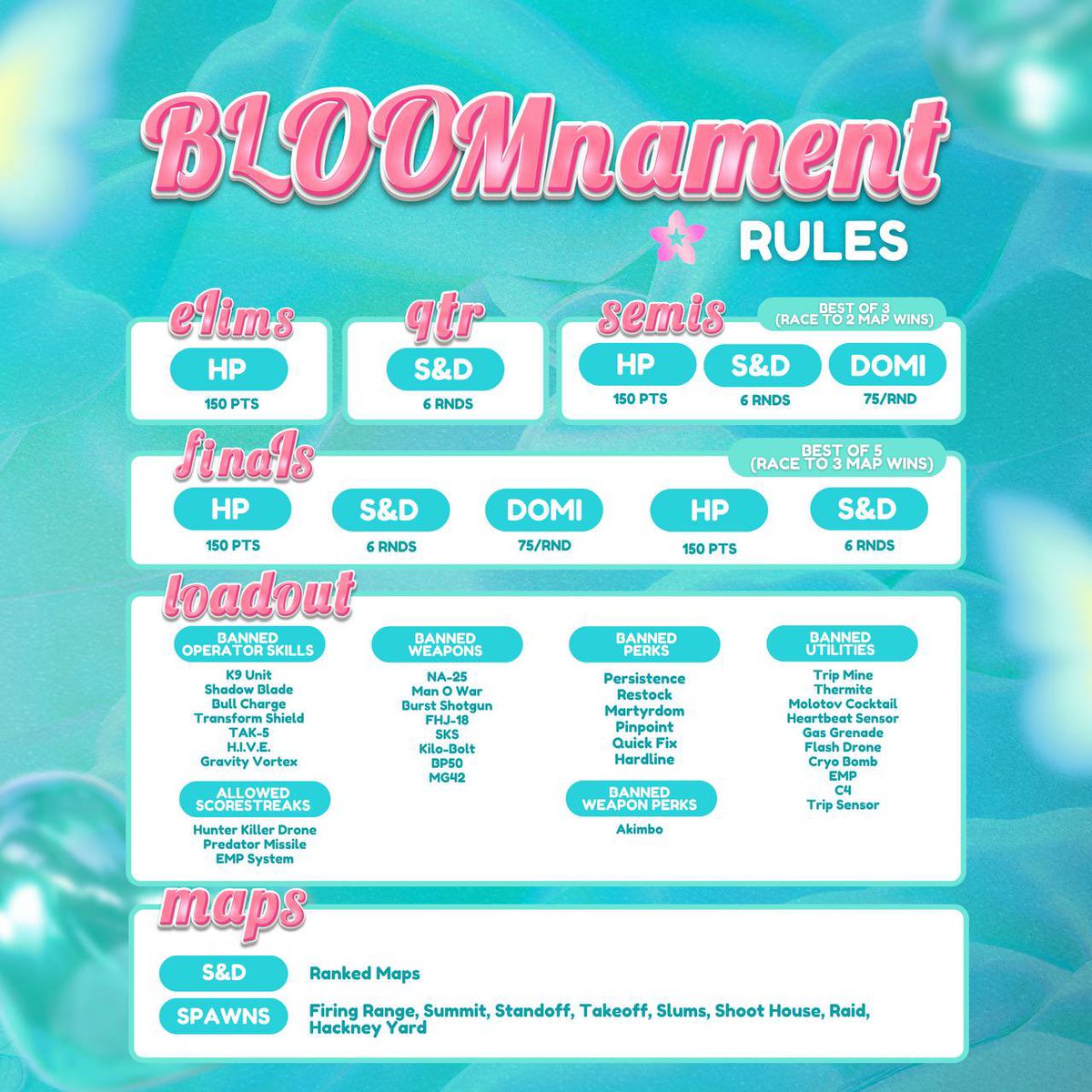 cintacole's tweet image. hello everyone, here&apos;s the details for our upcoming CODM TOURNAMENT. 16 teams 5vs5. strictly for blooms only! we&apos;ll be live at tiktok if ya&apos;ll wanna watch. goodluck blooms 🌸