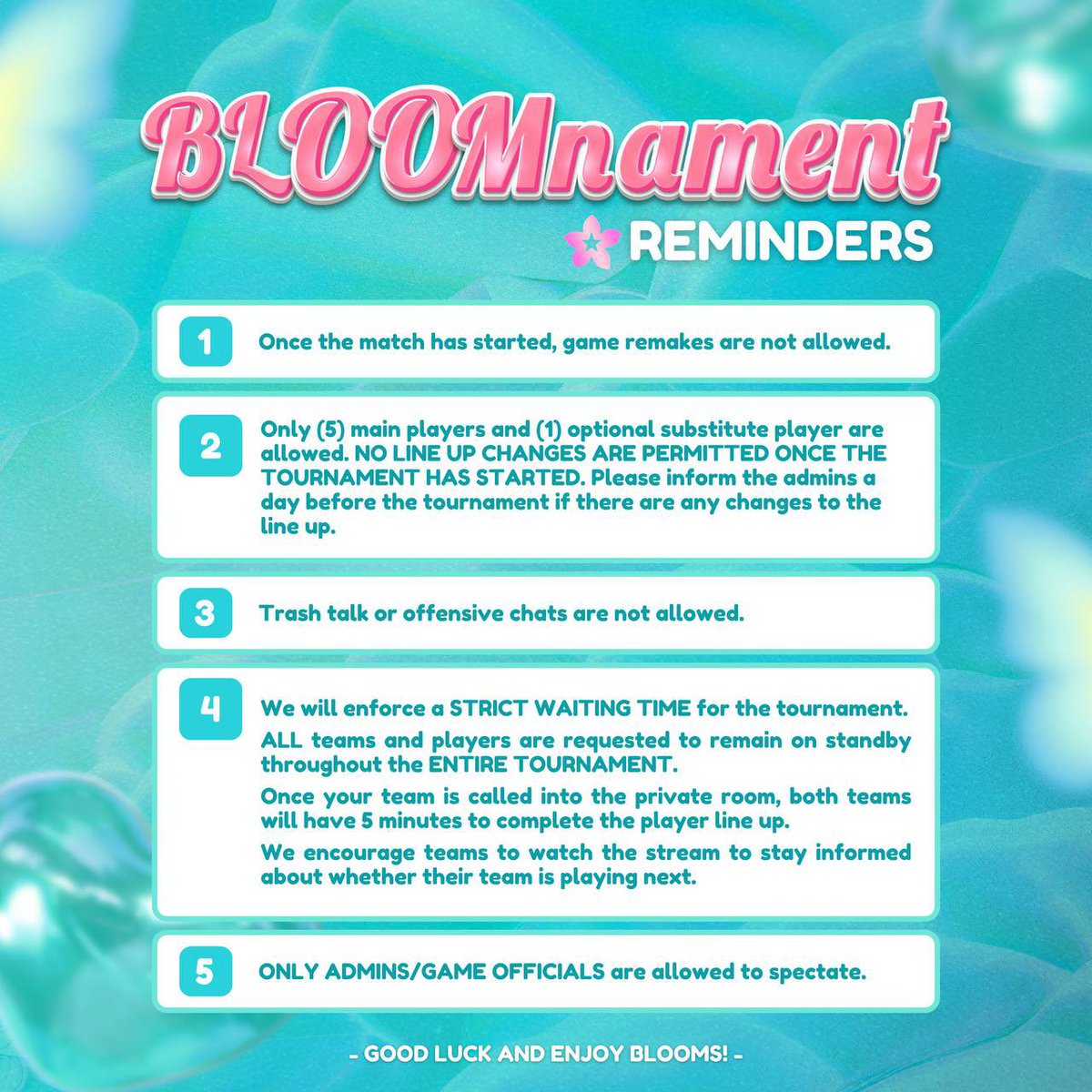 cintacole's tweet image. hello everyone, here&apos;s the details for our upcoming CODM TOURNAMENT. 16 teams 5vs5. strictly for blooms only! we&apos;ll be live at tiktok if ya&apos;ll wanna watch. goodluck blooms 🌸