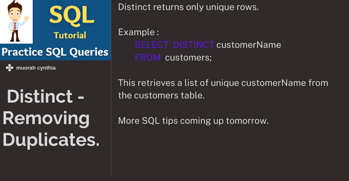 DataDynamiteHub's tweet image. Want to get rid of duplicates? use DISTINCT.
#SQL #SQLFUNCTIONS