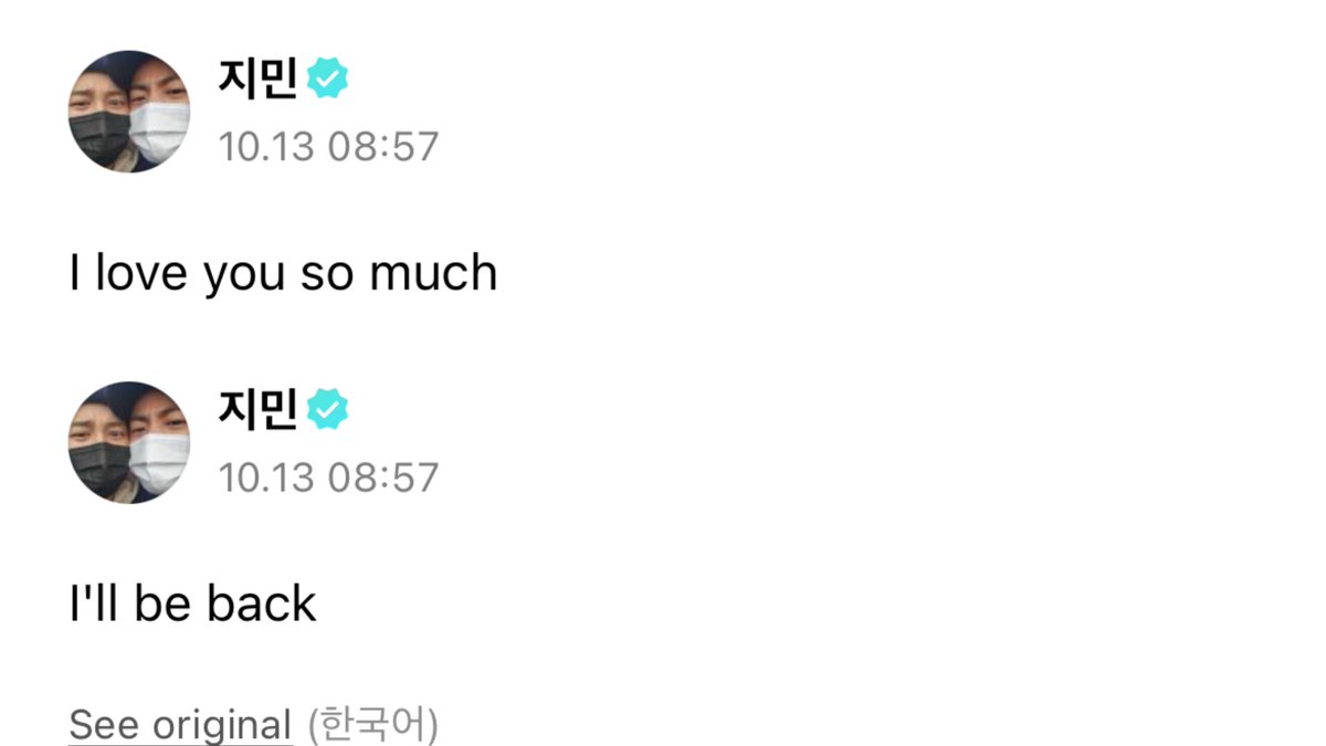 jmnpromise's tweet photo. Jimin on weverse 🌟

"I love you so much. I'll be back." 😭😭😭 https://t.co/nTOXOXjKoL
