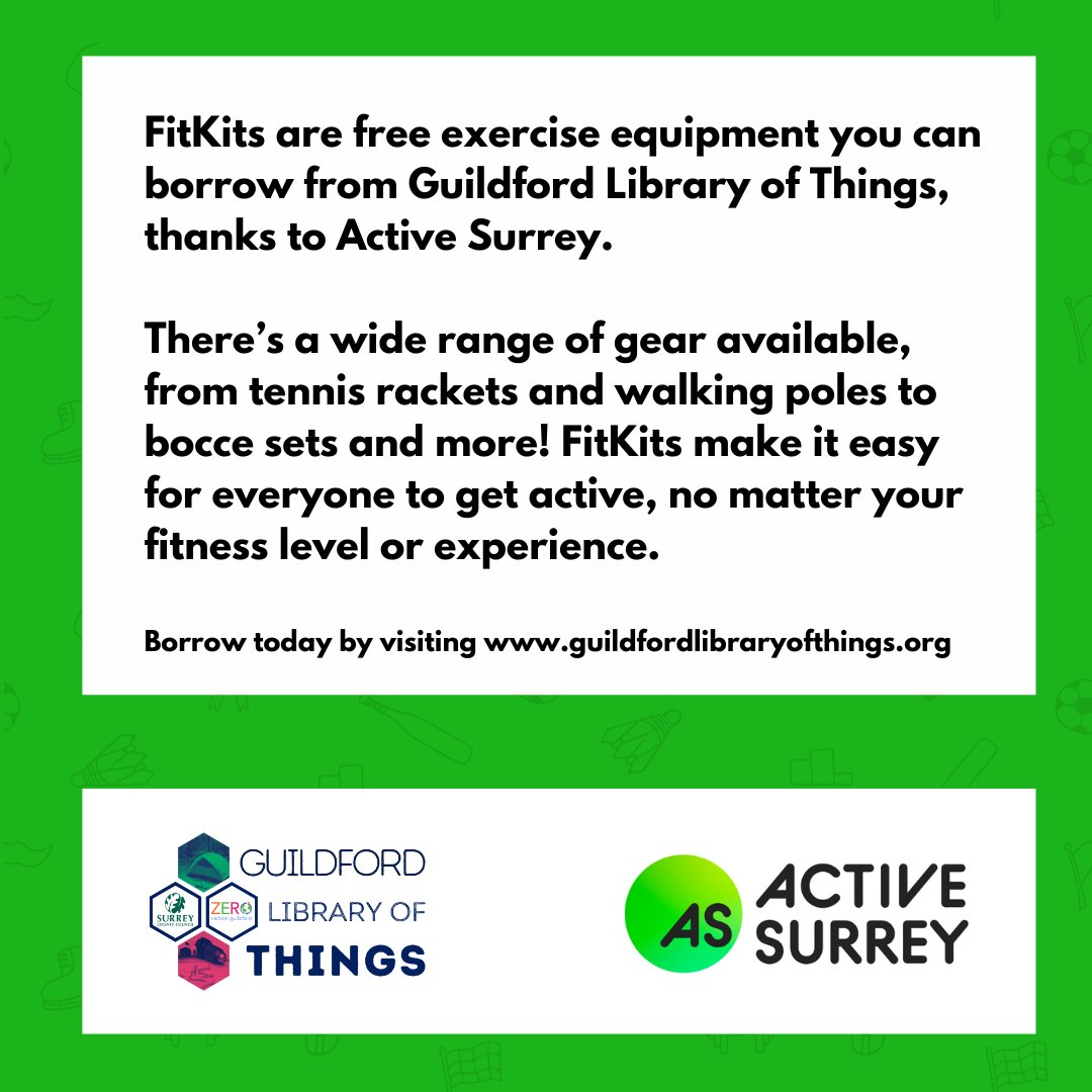 SurreyLibraries's tweet image. NEW! Thanks to a wonderful partnership with @ActiveSurrey and Guildford Library of Things, you are now able to borrow #FitKits for FREE from @GuildfordLib! Visit guildfordlibraryofthings.org for full inventory &amp;amp; to reserve items 🎾

@ZeroGuildford @SurreyNews #GreenLibrariesWeek 💚
