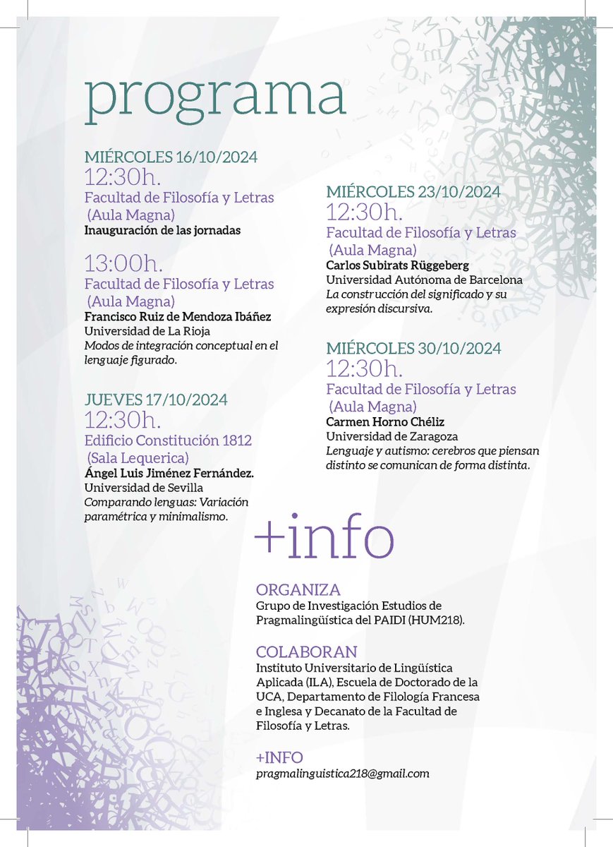 📢 Seminarios

👉 VII Jornadas de Lingüística y Cognición:
"La cognición y el lenguaje"
<a href="/HUM218_UCA/">Estudios de Pragmalingüística</a>

📅 16, 17, 23 y 30 de octubre de 2024
📍 Universidad de Cádiz

Más información:
📧 pragmalinguistica218@gmail.com

#AESLA #AESLA_seminario