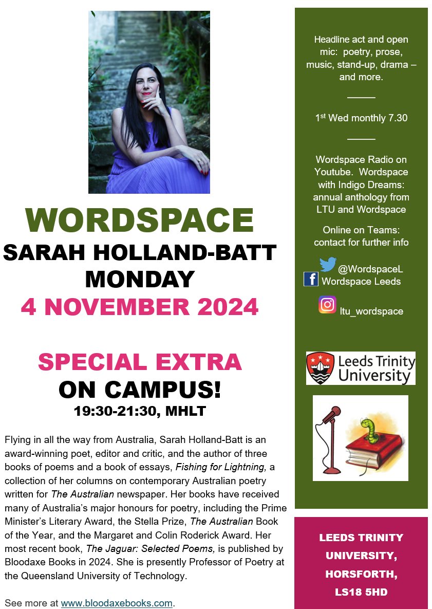 A one-off Wordspace extra on LTU campus as part of Journalism and Media Week. Guest is Sarah Holland-Batt, who will join us IRL, coming from Australia. It will be live-streamed as well, so message for the link. <a href="/LeedsTrinity/">Leeds Trinity University</a> <a href="/LeedsTrinityPGR/">Leeds Trinity University PGR Community</a> <a href="/leedstrinitysu/">Leeds Trinity SU</a> <a href="/LTJournalism/">LT Journalism</a>