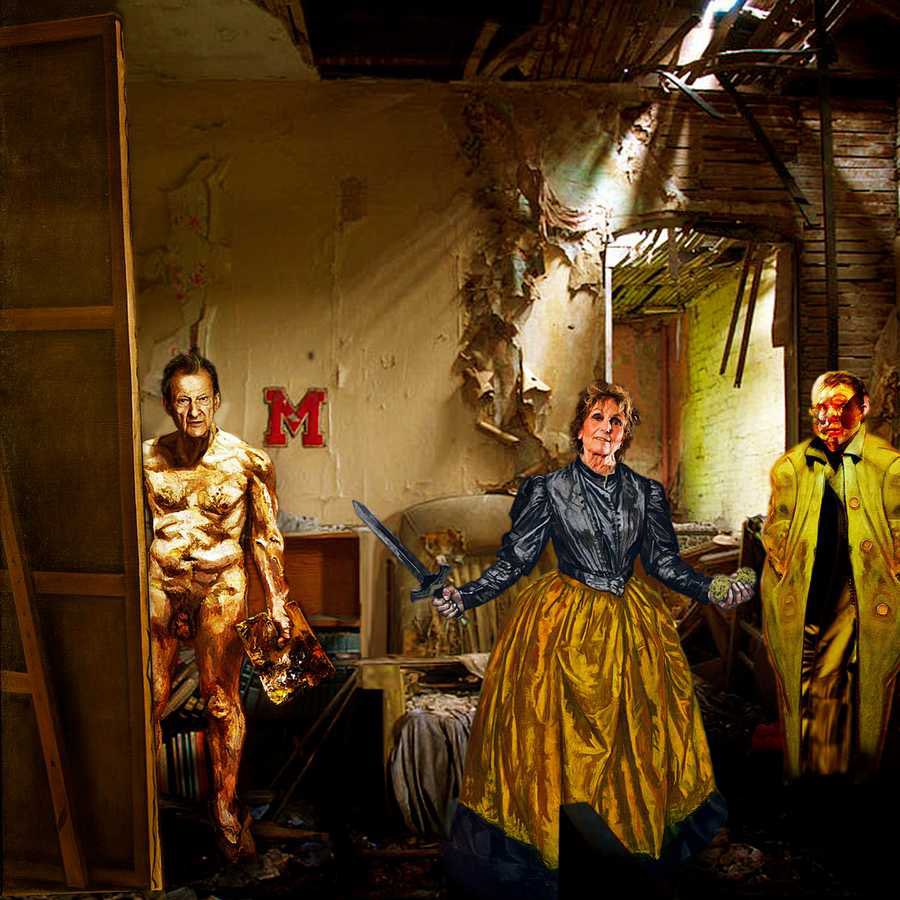 ColdwellContact's tweet image. ‘Chance Meeting’ OR ‘Fancy a Game of Swords & Sponges’ - a triple portrait in a derelict London house: L to R #LucianFreud #PaulaRego #FrancisBacon - Digital Painting/Montage - UK, 2024. NOT AI - read Waldemar @JANUSZCZAK piece on Bacon exhib at NPG in today’s Times Culture Mag