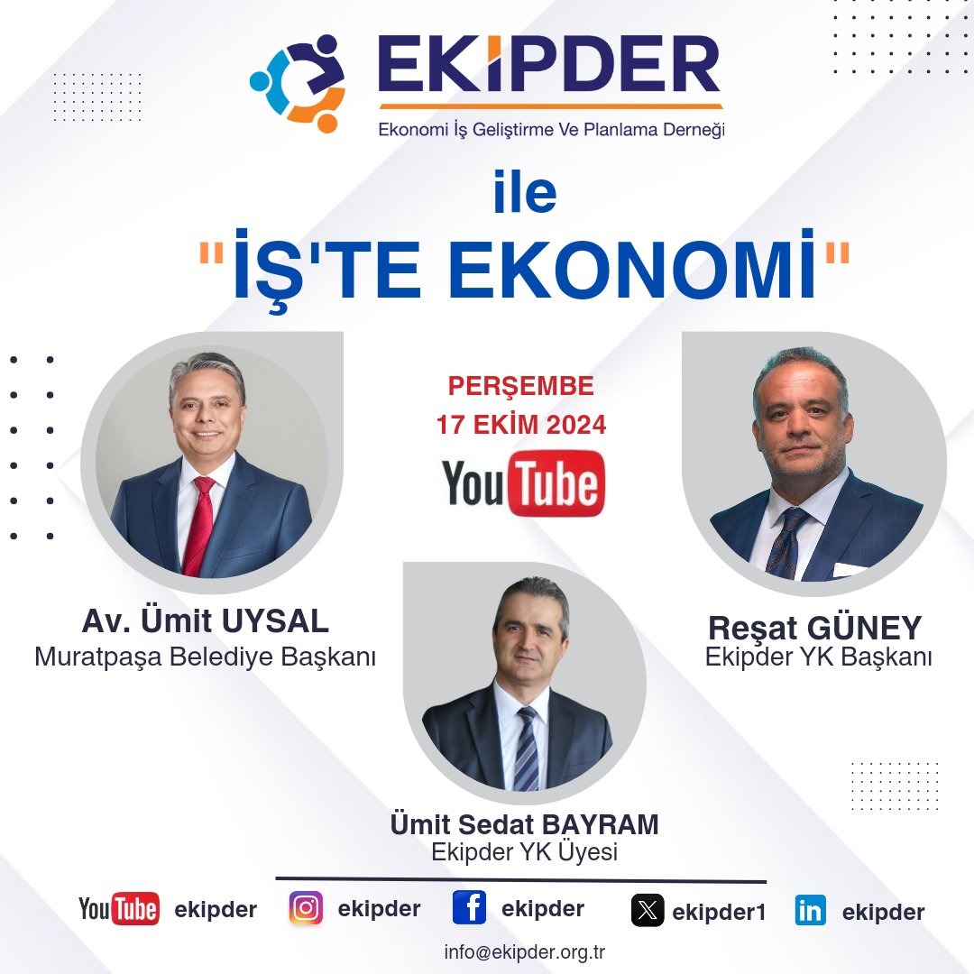 EKİPDER İLE "İŞ'TE EKONOMİ" programımız ile Youtube'da şehrimizin ve ülkemizin nabzını tutacağız...

17 Ekim Perşembe, program konuğumuz M.paşa Bld. Bşk. Sn. Av.Ümit Uysal, mesajları ile gündeme damga vuracak...

<a href="/ResatGuneyOMC/">Resat GÜNEY</a>
<a href="/Av_umituysal/">ÜMİT UYSAL</a> 
<a href="/umitsedatbayram/">Ümit Sedat BAYRAM</a>