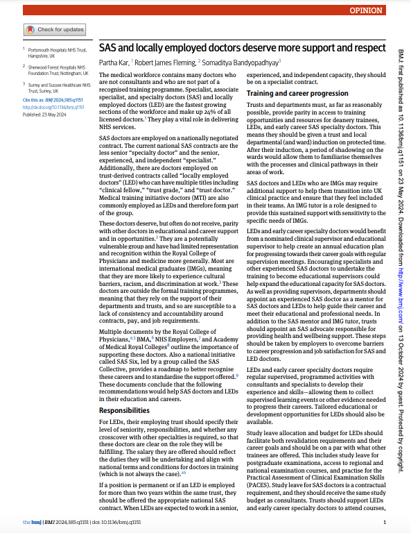 Partha S Kar 🇮🇳🇬🇧🏏🎥 (@parthaskar) on Twitter photo Next week?
It's #SASWeek in #NHS
Beyond all glib posts from <a href="/NHSE_WTE/">NHS England Workforce, Training and Education</a> -ask why words are yet to translate into action
Ask why this group continues to have warm words-yet little progress
Leadership?
About outcomes
Via <a href="/bmj_latest/">The BMJ</a> @RobJimFleming <a href="/somsuj/">Somaditya Bandyopadhyay</a>
bmj.com/content/385/bm… Next week?
It's #SASWeek in #NHS
Beyond all glib posts from <a href="/NHSE_WTE/">NHS England Workforce, Training and Education</a> -ask why words are yet to translate into action
Ask why this group continues to have warm words-yet little progress
Leadership?
About outcomes
Via <a href="/bmj_latest/">The BMJ</a> @RobJimFleming <a href="/somsuj/">Somaditya Bandyopadhyay</a>
bmj.com/content/385/bm…