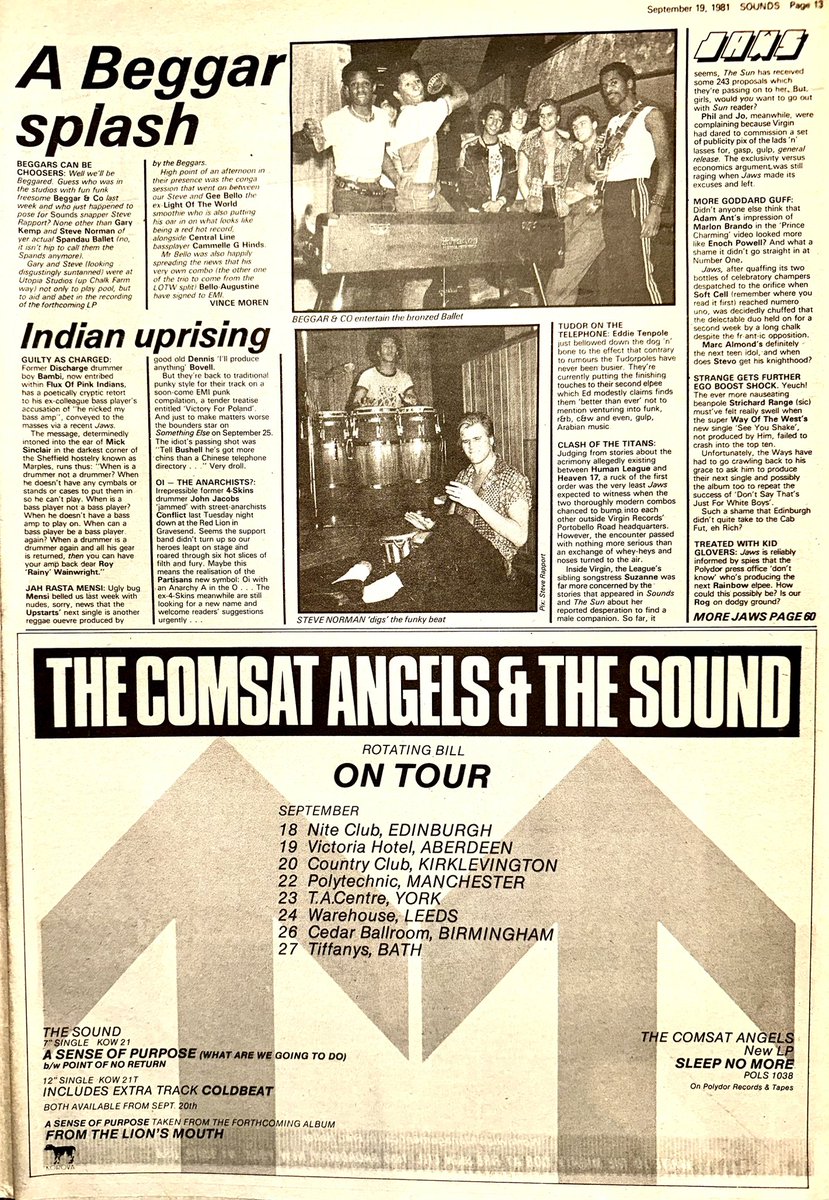 ZoundsAbound's tweet image. In Jaws this week, news &amp;amp; goss featuring a lavish launch party for @duranduran in Paris, @numanofficial is to fly his Cessna around the world, more on the @midgeure1 film project &amp;amp; a riveting stand off between ex #Discharge drummer Bambi &amp;amp; their bass player 

Sounds Sep 19th 1981