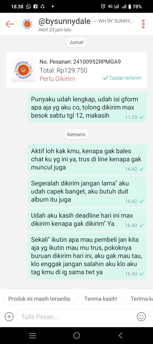 Halo kak <a href="/rmnamjoonswife/">azz🐨</a> @bysunnydale_ tolong dong kerjasamanya, ini udah lebih dari deadline yg aku kasih tapi sampek skrng kmu gak muncul trus juga belum kmu kirim paketnya, aku chat di Shopee juga dari jumat gak kmu bales padahal sabtu kmu on loh tapi chatku gak kmu bales