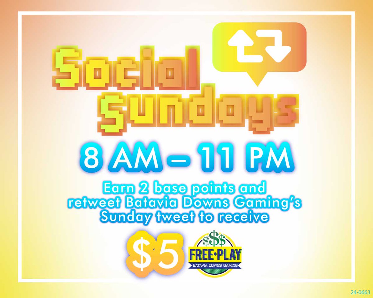 BataviaDowns's tweet photo. ✨ Retweet this tweet for $5 Free Play* for #bdgsocialsunday after 8 am on 10/13/24!

*Must earn 2 points on your Players Club Card to redeem.

Show retweet to Players Club via phone/print out to be eligible to receive promotion.

Official Rules: https://t.co/ziAAjgysoH https://t.co/cPTwjvQPeb