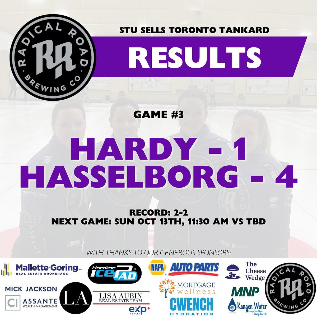 TeamHardyCurls's tweet photo. A loss to a predictably very strong @TeamHasselborg puts us into the C side. We’ll be back at 11:30am at the High Park Curling Club so you can find the stream on the CurlingZone youtube channel. Follow along as we keep battling for a playoff spot!

https://t.co/xBrNtkYQno https://t.co/BsMMf0aTk9