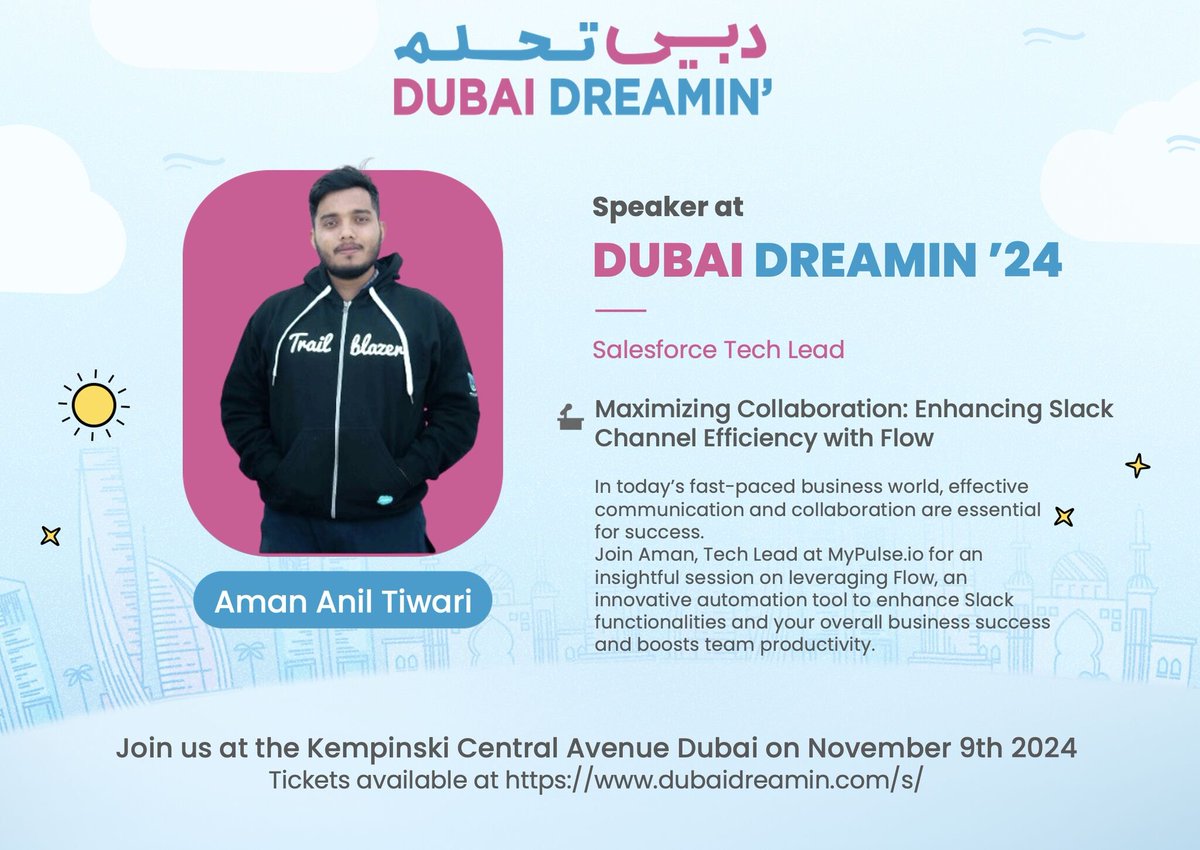 🌟 We are thrilled to announce that Aman Tiwari ☁️ will join us as a speaker at Dubai Dreamin' ! 🌟

📢 Session Title:
Maximizing Collaboration: Enhancing Slack Channel Efficiency with Flow

#DD24 #DubaiDreamin24