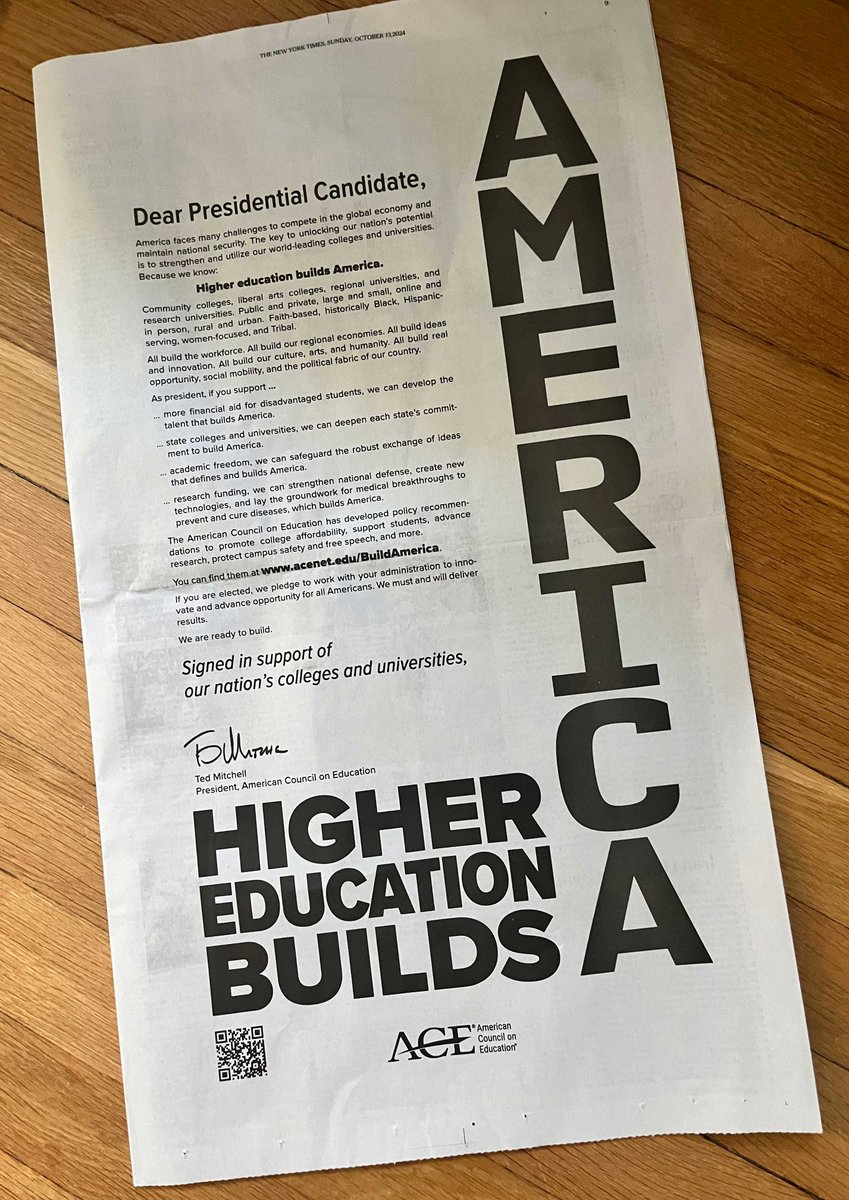 For the second Sunday in a row, our open letter to Kamala Harris and Donald Trump was featured in <a href="/nytimes/">The New York Times</a>. Why? Because #HigherEdBuildsAmerica—colleges and universities are vital to advancing our economy, national security, and society. #HigherEd ow.ly/t7fV50TJKCv