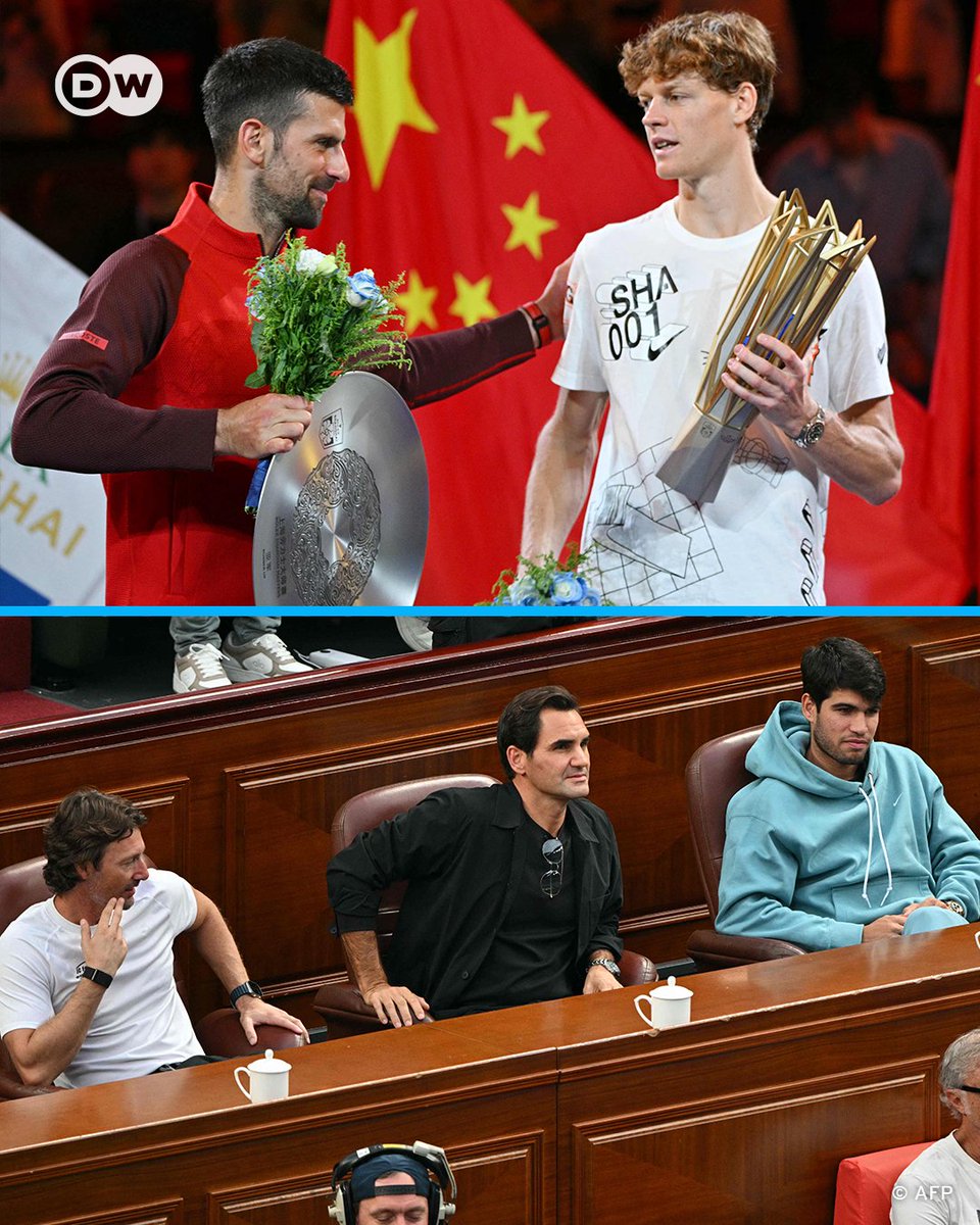 dw_sports's tweet image. &quot;I played against one legend, now I see legends everywhere...I&apos;m just trying to keep up with it.&quot;

Roger Federer, Carlos Alcaraz and Juan Carlos Ferrero were all in the crowd watching, as Jannik Sinner beat Novak Djokovic at the #ShanghaiMasters final 🤩🏆

Class 👏