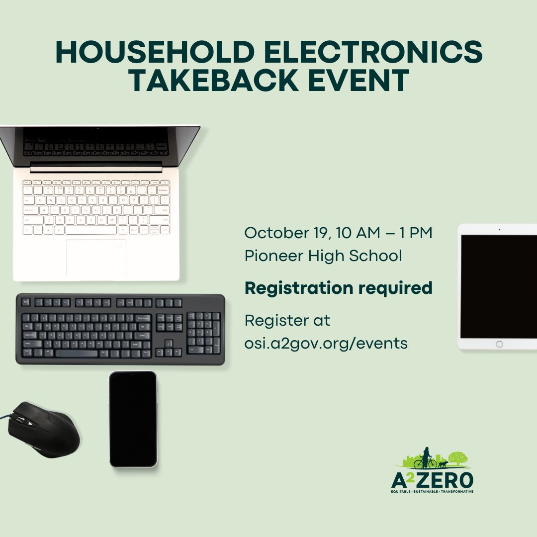 The City of Ann Arbor, in collaboration with Comprenew and Ann Arbor Public Schools, is hosting a free household electronics takeback event! Residents of Ann Arbor, including students, are eligible to participate in this event. We hope to see you there!