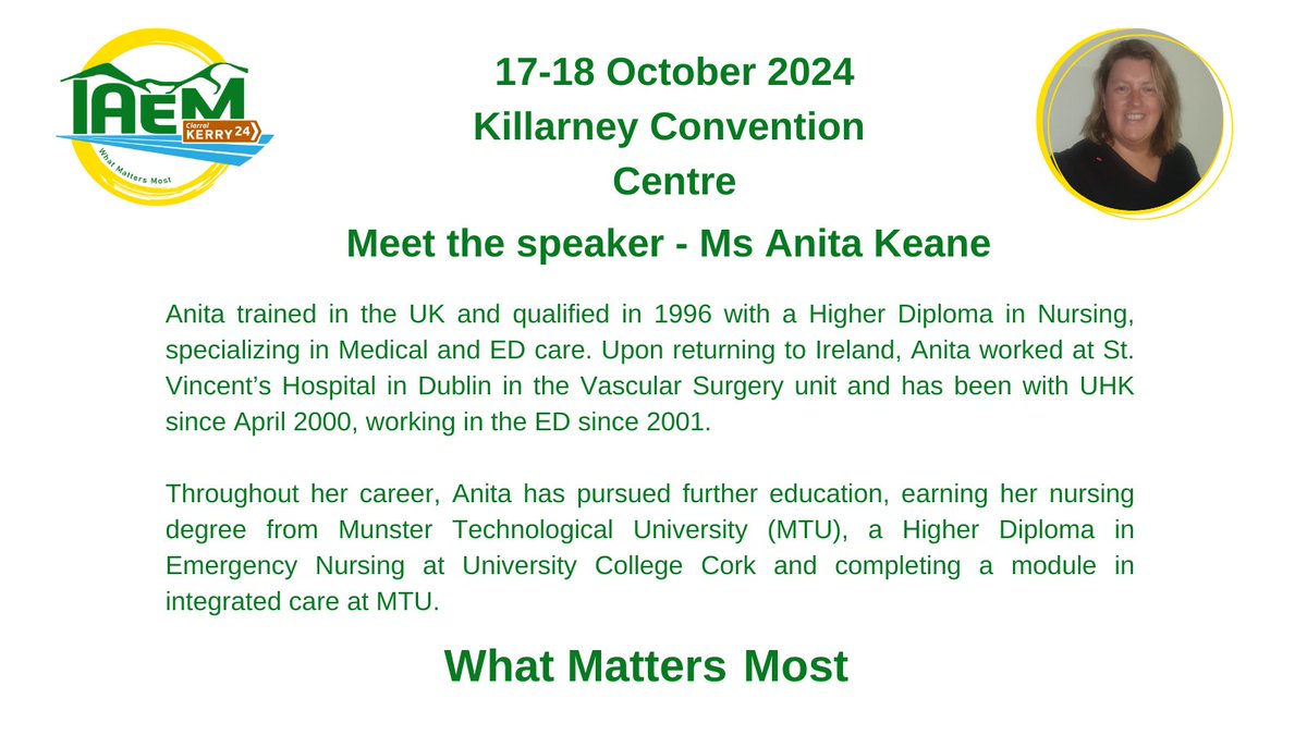 AssocEmergMedIE's tweet image. MEET THE SPEAKERS
The Emergency Nursing track at #24IAEM also has lightning presentations, bursary presentations and an Emergency Nursing table quiz.
Remember, regular rate registration ends tomorrow.
Registration: bit.ly/4dkj1a3
More info: bit.ly/3XlYagO