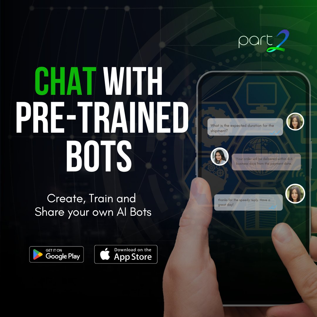 part2chat's tweet image. With Part2AI, you can easily interact with intelligent bots that are already trained to handle your tasks and queries.

Download App Now -&amp;gt; tinyurl.com/ms5pd8ae
Free for a Limited Time!

#Part2AI
#PreTrainedBots 
#PersonalizedAssistance 
#iphoneapp #iphone15 #iphone