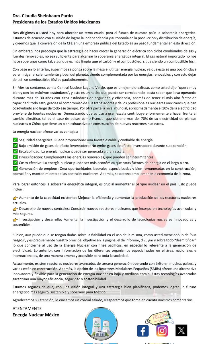 #SoberaniaNacional #NuclearPower
<a href="/Claudiashein/">Claudia Sheinbaum Pardo</a> <a href="/GobiernoMX/">Gobierno de México</a> <a href="/LuzElena_GE/">Luz Elena González Escobar</a> <a href="/SENER_mx/">SENER México</a> <a href="/rocionahle/">Rocío Nahle</a>
