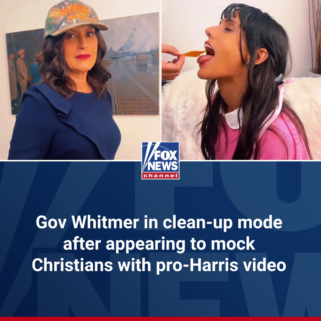 FoxNews's tweet photo. AT WHIT'S END: Michigan Gov. Gretchen Whitmer (D) is facing sharp pushback over a viral video in which she fed Doritos to a kneeling left-wing influencer, as critics slam her for mocking the Eucharist. The Democrat claimed she "would never do something to denigrate someone's faith" in an apology statement. More details. https://t.co/n9TKX2D7KL
