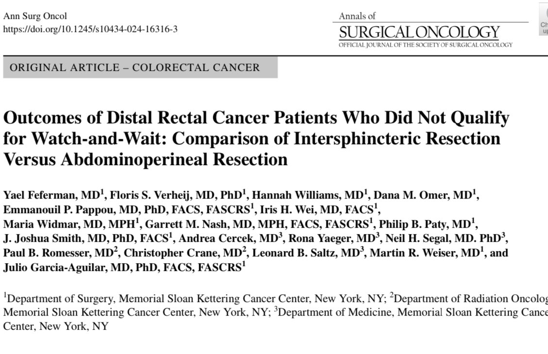 Important work looking at outcomes of coloanal anastomosis vs APR for distal rectal cancer after TNT