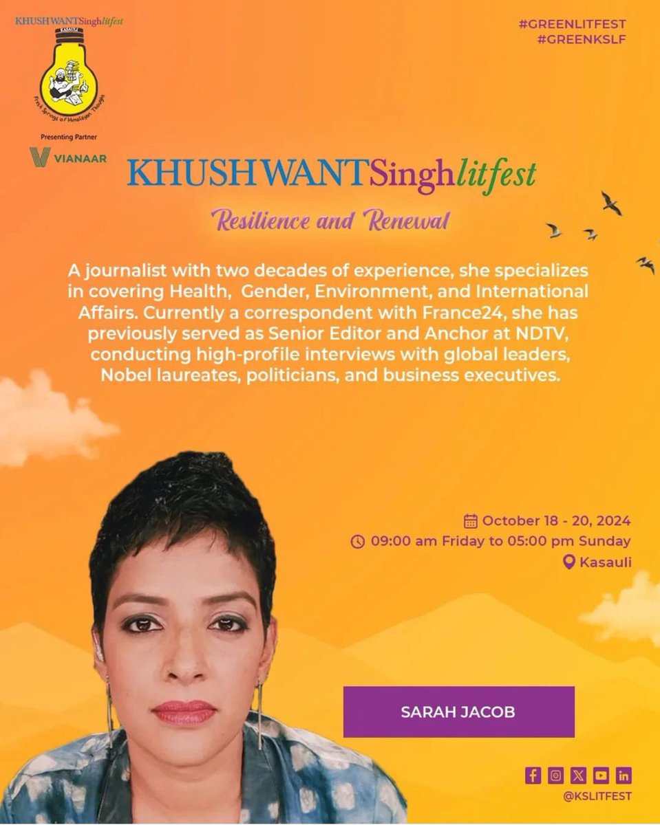 Meet SarahJacob– an extraordinary voice in journalism! 
With years of excellence in broadcasting and storytelling , she’s known for her sharp insights and compelling narratives.  

#KSLLitFest2024 #ResilienceAndRenewal #SarahJacob #Journalism